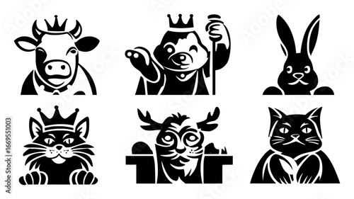 Playful Animal Illustrations Featuring Cow, Bear, Rabbit, Cat, Deer, and Tiger