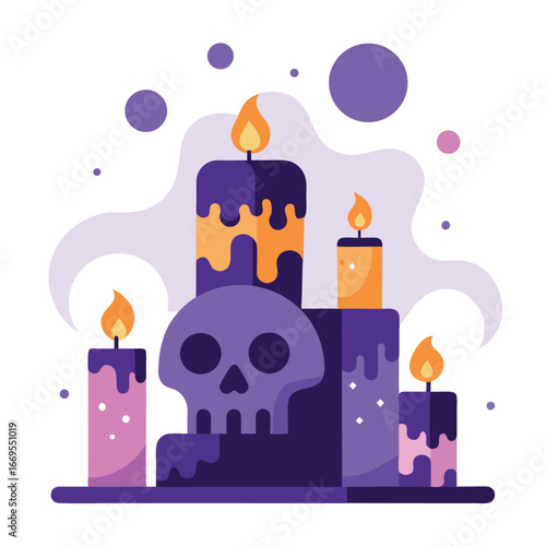 Tshirt vector art of halloween theme with melting candles and a skull, set against a purple and pink background with abstract shapes