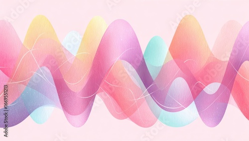 Pastel Waves Translucent, layered waves in yellow, pink, orange and blue hues overlap on a light pink background with subtle texture