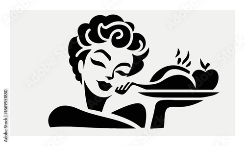 Elegant Woman with Plate of Food in Vintage Restaurant Style Design