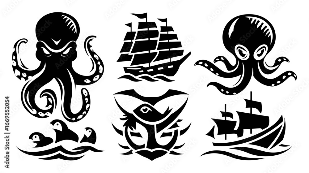 Fototapeta premium Black and White Illustrations of Octopus, Ships, and Marine Themes