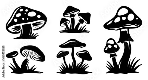 Black and White Silhouettes of Various Mushroom Designs and Shapes