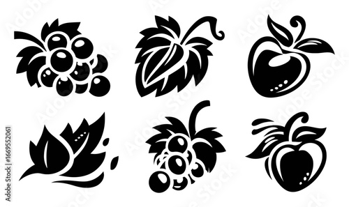 Decorative Fruit and Leaf Illustrations in Black Silhouette Style