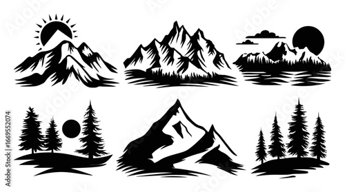 Black and White Mountain Silhouettes with Various Nature Scenes
