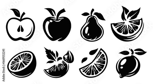 Black and White Fruit Illustrations in Various Styles and Designs