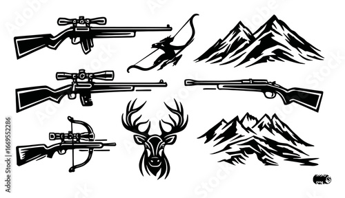 Collection of Hunting Weapons and Wildlife Silhouettes in Black Design