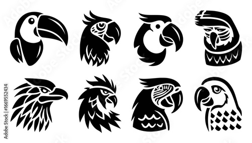 Artistic Black and White Illustrations of Various Bird Species Heads