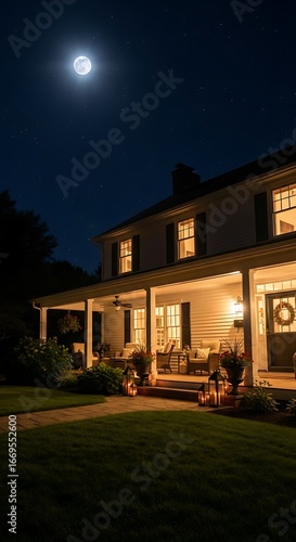 A charming farmhouse with a wraparound porch is illuminated at night under a full moon and starry sky
