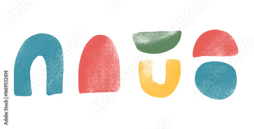 Multi colors crayon textured geometric shape set. Kids abstract elements. Circle, arch and semicircles figures. Vector hand drawn naive uneven shapes. Scribbles design figures illustration.