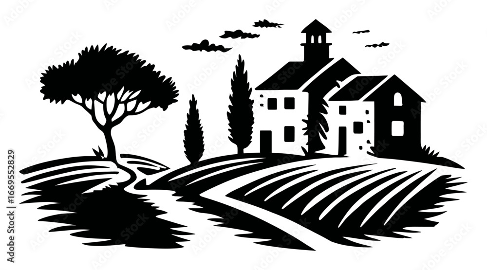 Naklejka premium Black and White Silhouette of a Country House and Landscape Scene