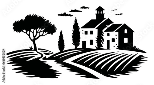 Black and White Silhouette of a Country House and Landscape Scene