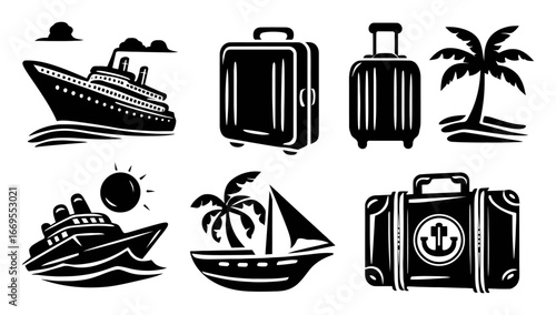 Black and White Icons of Travel, Vacation, and Sea Adventures