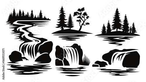 Scenic Nature Illustration with Waterfalls and Trees in Black Silhouette