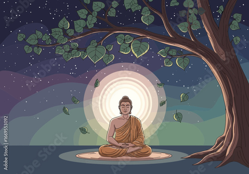 Serene Buddha meditating under a bodhi tree at night, bathed in moonlight and surrounded by falling leaves, representing peace and enlightenment