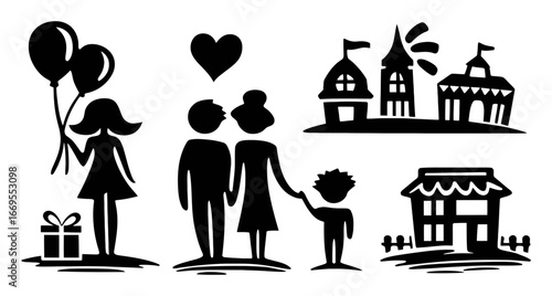 Family Bonding and Celebration Scenes in Graphic Design Style