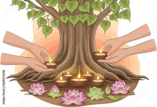 Diverse hands placing lit diyas around a sacred tree and lotuses symbolizing unity, spirituality, and the celebration of light and life
