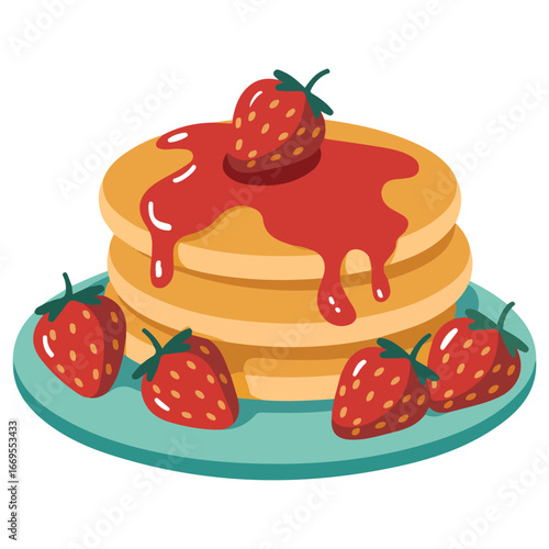 Pancakes with strawberry jam and fruit vector illustration on white background