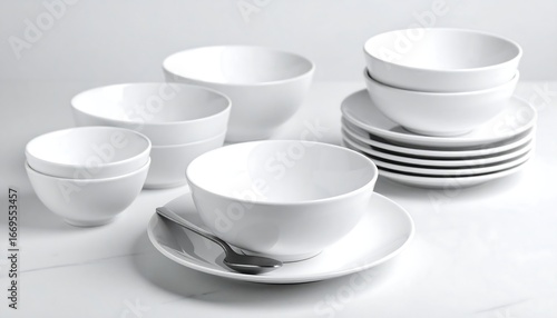 White bowls and plates on table setting