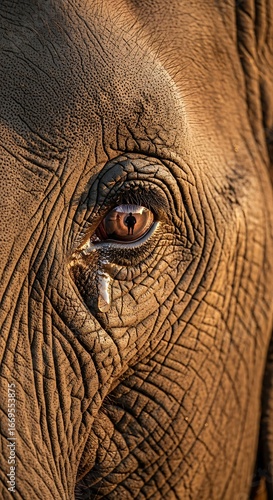 Closeup of an elephants eye, showing intricate details of its wrinkled skin and a tear rolling down its cheek, capturing a moment of emotion and vulnerability