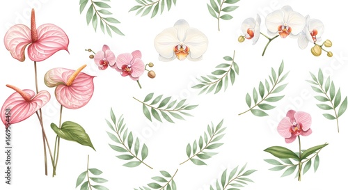 Watercolor floral illustration, a collection of separated tropical floral elements, including pink anthuriums, orchids, and green leaves, perfect for design projects.