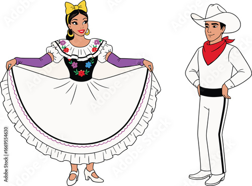 Traditional Mexican folkloric dance couple in colorful dress and charro suit, cultural heritage, Hispanic festival, Mexican folklore, vibrant costumes.