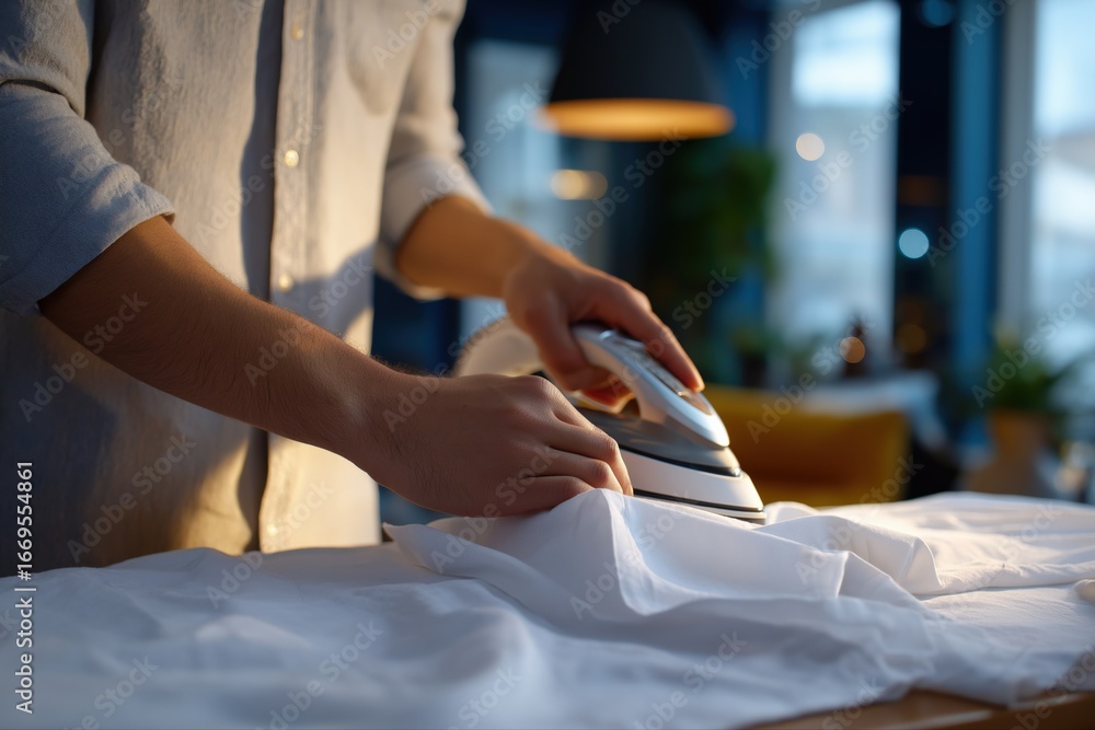 Fototapeta premium Young asian male ironing shirt in cozy home environment with soft natural lighting