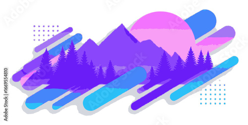 Abstract Landscape with Turtle and Stylized Houses in Vector Art