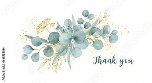 Watercolor floral illustration, a lovely thank you card with a central arrangement of soft green eucalyptus leaves, highlighted by golden line-art foliage and splatters.