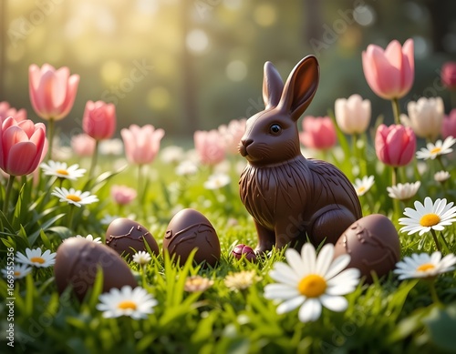 A chocolate Easter bunny sits in green grass, adorned with vibrant tulips and daisies.