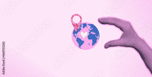 Travel collage with halftone hand with planet Earth. Human arm palm holding globe with map pin. Vector tourism bitmap scrapbook and mixed media banner template illustration.