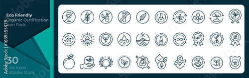 Eco Friendly Organic Certification Icons, Eco Labels and Organic Product Badges Line Icons Vector Set – Vegan, Non‑GMO, Gluten Free, Recyclable, Sustainable, Editable Stroke