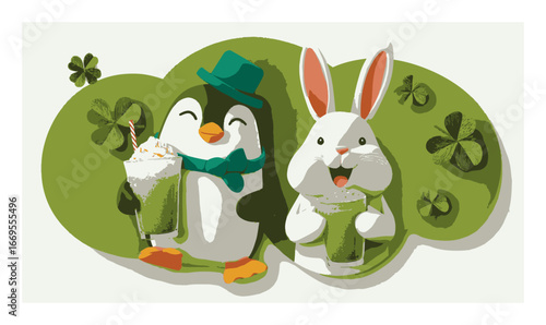 Playful Penguin and Cheerful Bunny Enjoying Drinks in Spring Celebration