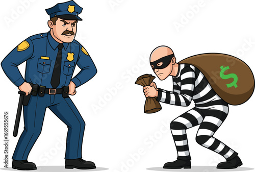 Police officer confronting a masked thief carrying money bags, crime scene, law enforcement, robbery, arrest, security, justice, cartoon illustration.
