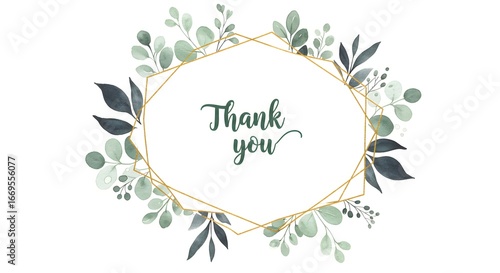 Watercolor floral illustration, a stylish thank you card design with a golden frame and a beautiful wreath of mixed green and grey leaves with berries.