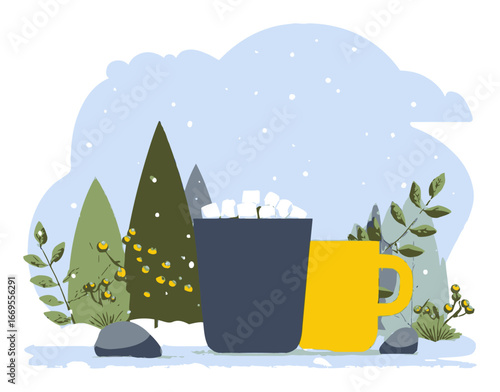 Cozy Cartoon Winter Scene with Hot Drink and Snowy Background