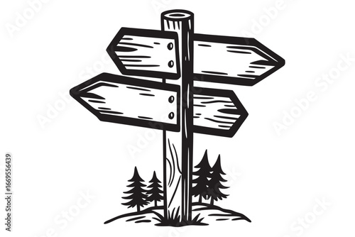 Woodcut styled signpost features arrow shaped plaques and small trees at its base