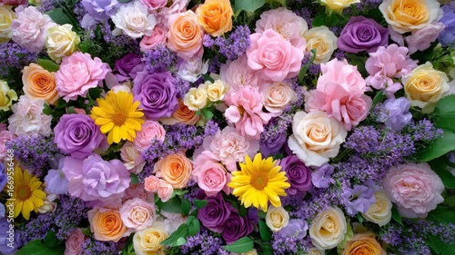 Colorful rose daisy flower bouquet with purple pink yellow orange blossoms vibrant floral arrangement full of natural beauty freshness and soft pastel bright hues