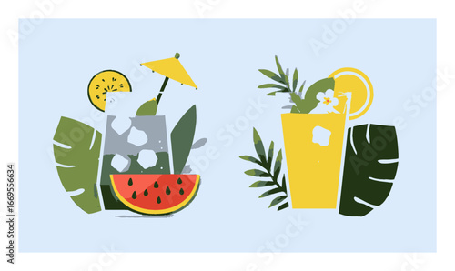 Summer Refreshing Drinks with Fruits and Tropical Leaves in Flat Style