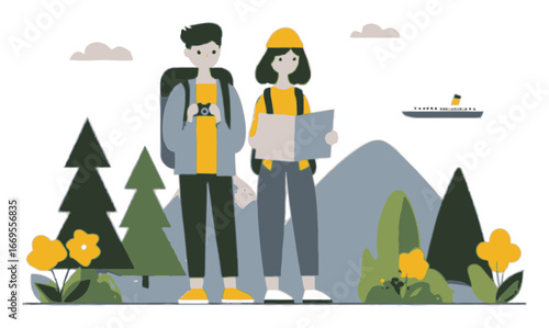 Cartoon Travelers Exploring Nature with Map and Camera in Landscape Design