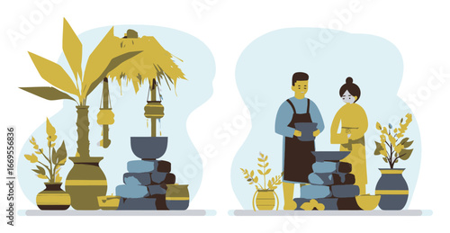 Cartoon Style Illustrations of Gardeners with Plants and Decorative Elements