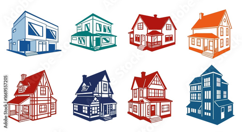 Vector illustration set of diverse residential houses and home icons for real estate business design elements. A collection of building facades