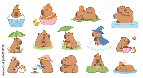 A delightful vector collection of cute capybara characters in various poses. Set of adorable kawaii animal illustrations with funny capybaras relaxing, eating fruit, and as a wizard for clipart