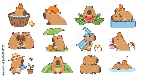 Cute capybara character cartoon set. Funny kawaii animal mascot collection with different emotions and activities. Vector illustration pack for stickers