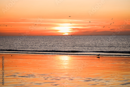 Idyllic sunset on the Atlantic coast. Sky in orange tones.
