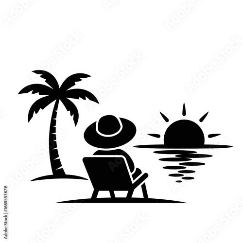 Silhouette of person in chair under palm tree watching ocean sunset on beach in black and white style
