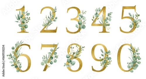 Watercolor floral illustration, a collection of golden textured numbers from 0 to 9, each embellished with arrangements of green eucalyptus leaves and white flowers.