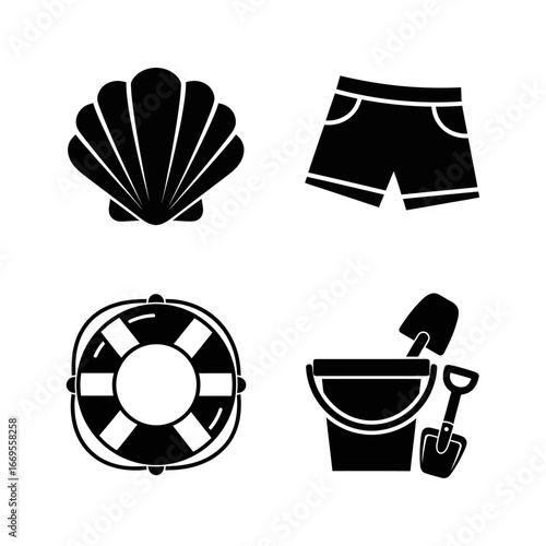 A collection of beach themed icons including a seashell shorts life preserver and bucket with shovels