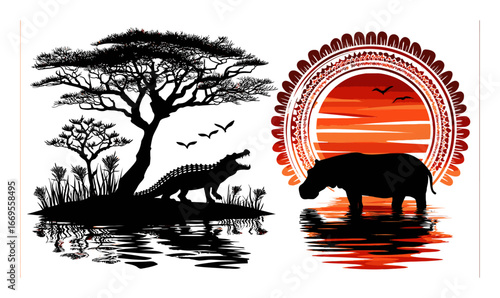 Serene Sunset with Silhouettes of Hippopotamus and Crocodile