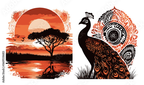 Vibrant Sunset with Tree Reflection and Elegant Peacock Illustration