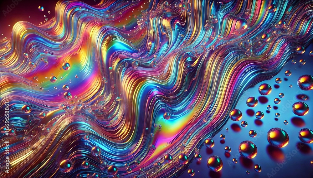 Naklejka premium Vibrant Liquid Crystal Background with Flowing Rainbow Waves and Glossy Reflections
